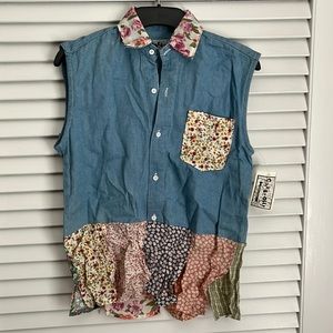 NEW TRUE VINTAGE 90's DEADSTOCK KIDS Chambray Denim & Floral Fabric Shirt